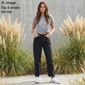 Free People We The Free Tapered Baggy High Rise Boyfriend Jeans 27 Black Raw Hem